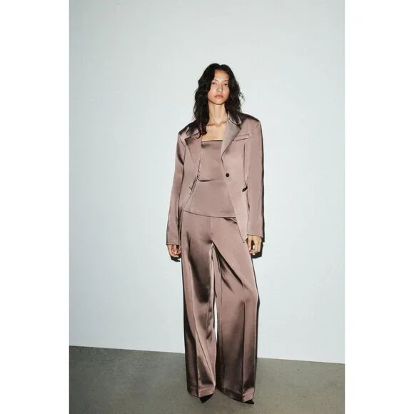 Zara Womens High-Waist Satin Trouser Large Chocolate Brown Wide Leg 1255/528 NWD - Picture 3 of 16